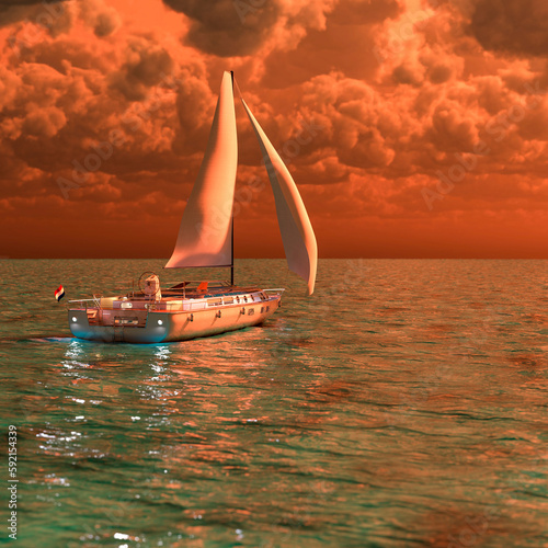 Sailing boat on the sea at sunset.