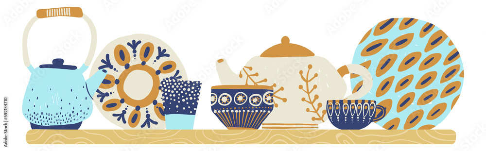 Dishware on wooden shelf. Decorative kitchen utensils and crockery Dishware on wooden shelf. Decorative kitchen utensils and crockery