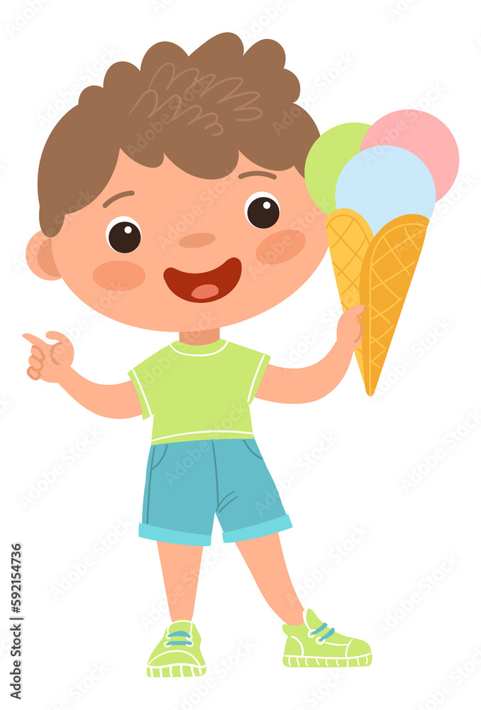 Boy with ice cream cone. Kid with summer sweet dessert