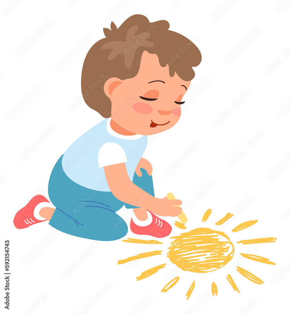 Cute kid drawing sun on ground. Child creativity Cute kid drawing sun on ground. Child creativity