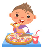 Boy bite pizza slice. Kid eating at table