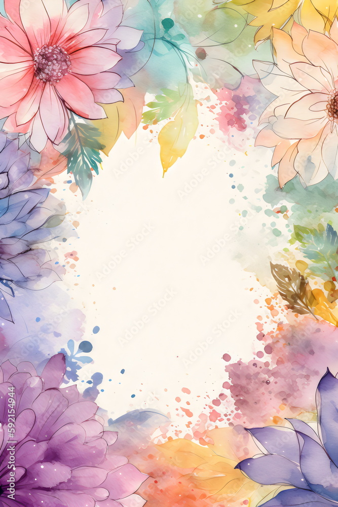 floral frame in rainbow watercolor with copy space, made with generative ai	