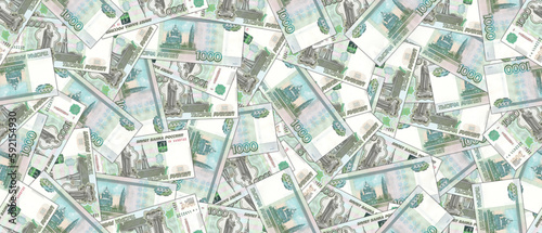 Financial illustration. Wide seamless pattern. Randomly scattered paper banknotes of Russia with a face value of 1000 rubles. Russian wallpaper or background.