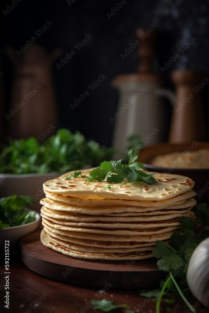 A stack of corn tortillas arranged nicely with garnish AI generated art, Generative AI, illustration. A stack of corn tortillas arranged nicely with garnish AI generated art, Generative AI, illustration.