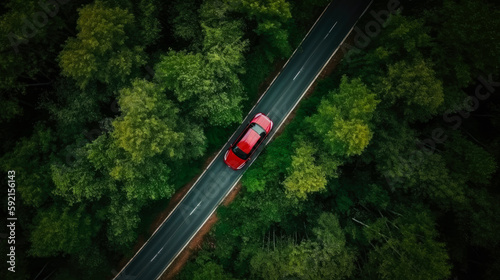 Red car in the forest highway aerial view. Road in the forest top view. Generative AI