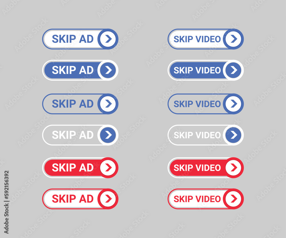 Skip, Skip ad and Skip video flat button vector illustration Skip, Skip ad and Skip video flat button vector illustration
