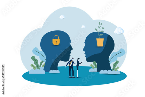 Fixed vs growth mindset with open or locked personality tiny person concept. Compared psychological types in symbolic visualization with creative.
