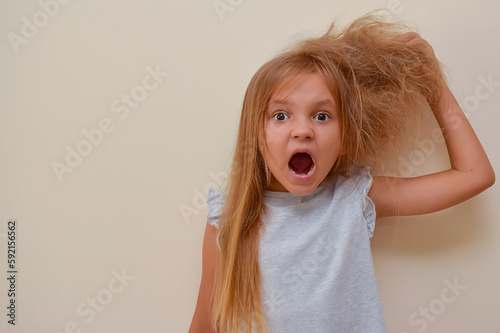 A little pretty girl with an open mouth in horror holds with her hand half of her hair, which is very tangled, the other half of her hair is combed and lies silky. Child shocked by a mess on the head photo