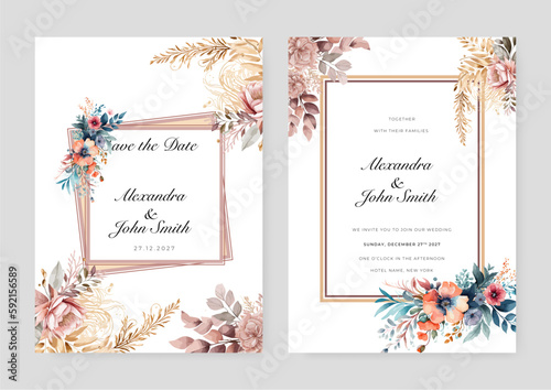 Orange nude orchid rose flower flora vector wedding card invitation template with hand painted watercolor