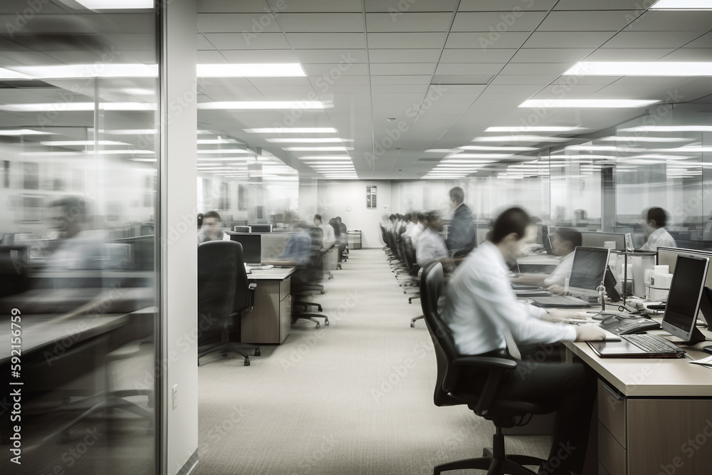 Fuss in the office. Fast movement of office workers in a business atmosphere. Generative AI Fuss in the office. Fast movement of office workers in a business atmosphere. Generative AI