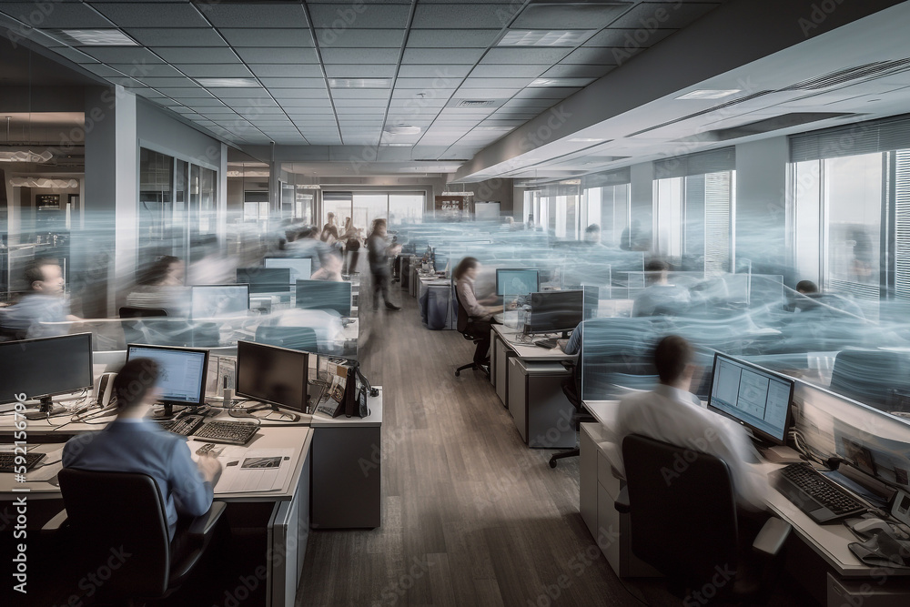 Fuss in the office. Fast movement of office workers in a business atmosphere. Generative AI Fuss in the office. Fast movement of office workers in a business atmosphere. Generative AI
