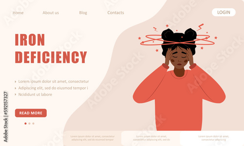 Iron deficiency concept. Landing page template. Sad african woman with dizziness. Lack of iron in immune system. Vector illustration in flat cartoon style.