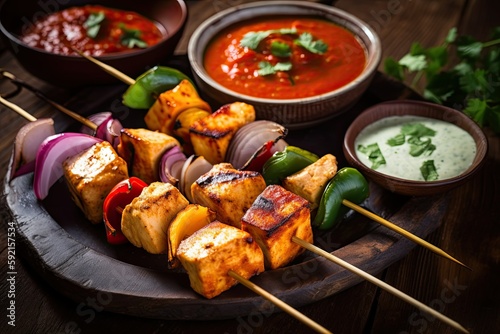 Spicy Indian Paneer Tikka on skewers, authentic indian dish, Generative AI