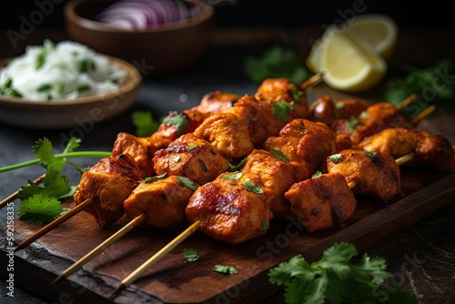 Indian chicken tikka on skewers, Indian dish, Generative AI 