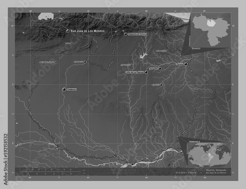 Guarico, Venezuela. Grayscale. Labelled points of cities photo