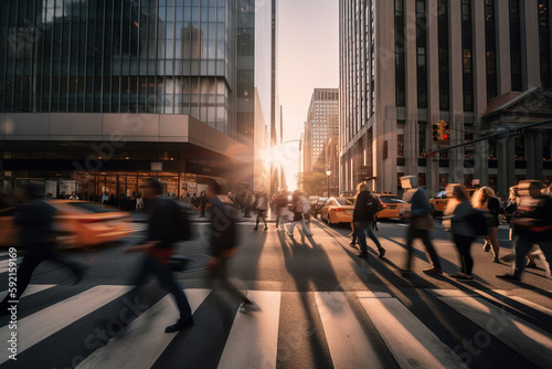 Fast moving crowd of people on a busy street with long exposure. Generative AI