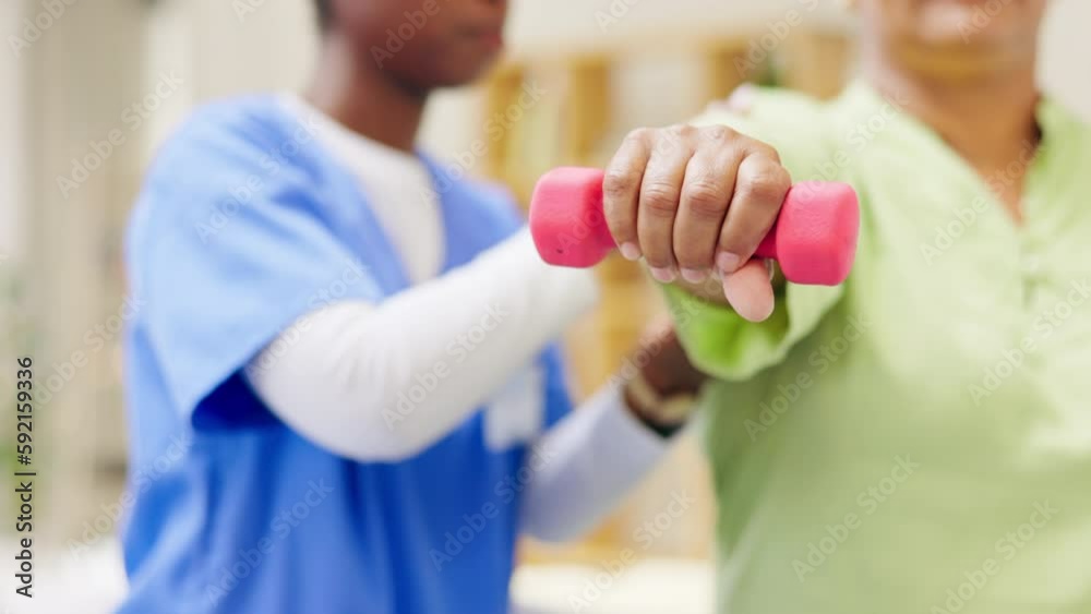 Rehabilitation, weights and nurse with senior woman for physical therapy, wellness and fitness. Retirement, healthcare and hands closeup of caregiver and old lady for healthy body, stretch and physio Rehabilitation, weights and nurse with senior woman for physical therapy, wellness and fitness. Retirement, healthcare and hands closeup of caregiver and old lady for healthy body, stretch and physio