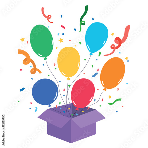 Opened box with a bright multicolored balloons and confetti. Vector illustration on a white background