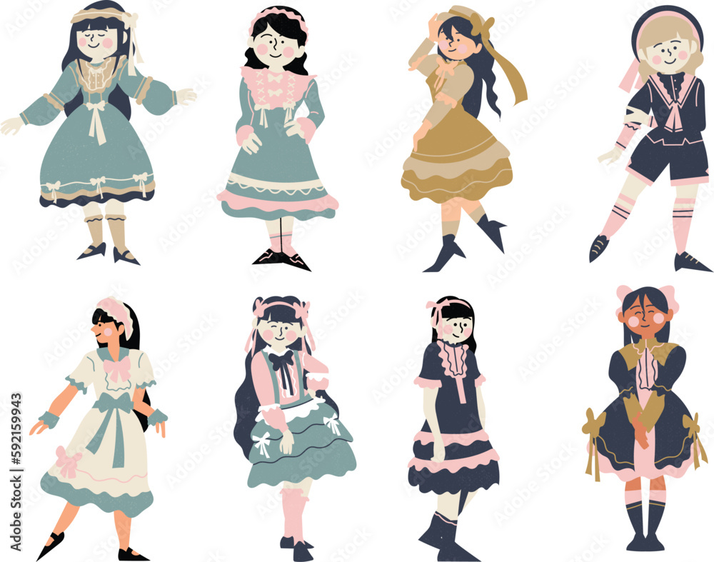 Set of cute cartoon girls in traditional japanese clothes. Vector illustration.