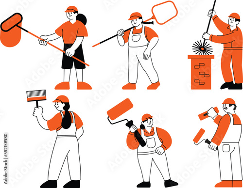 Vector set of workers in uniform and overalls doing housework housekeeping concept