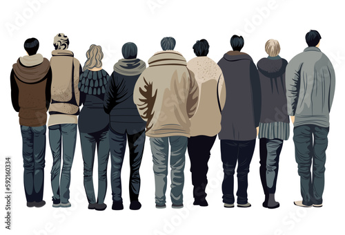 horizontal image of people. a crowd of people. rear view. people with their backs. a group of men and women. vector