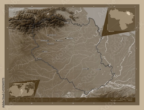 Monagas, Venezuela. Sepia. Labelled points of cities photo