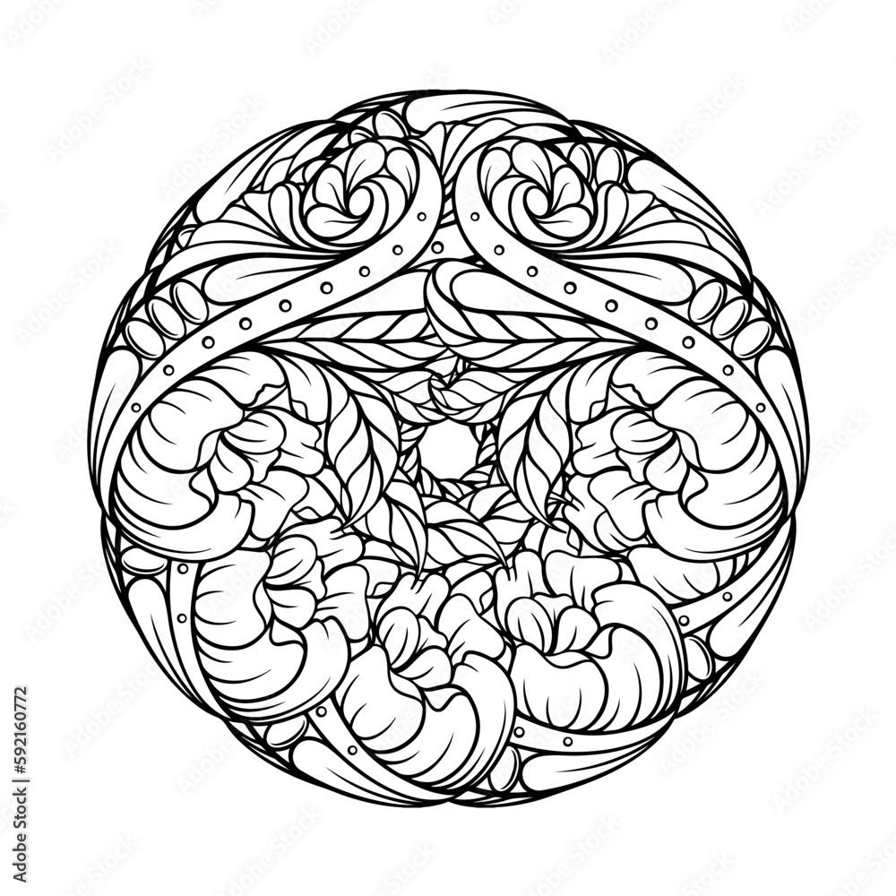 Black and white ethnic mandala pattern. Antistress coloting page.