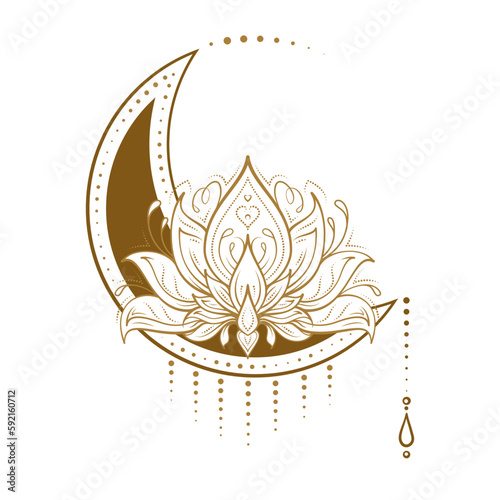 Mystical lunar tattoo with lotus flower. Celestial vector illustration.