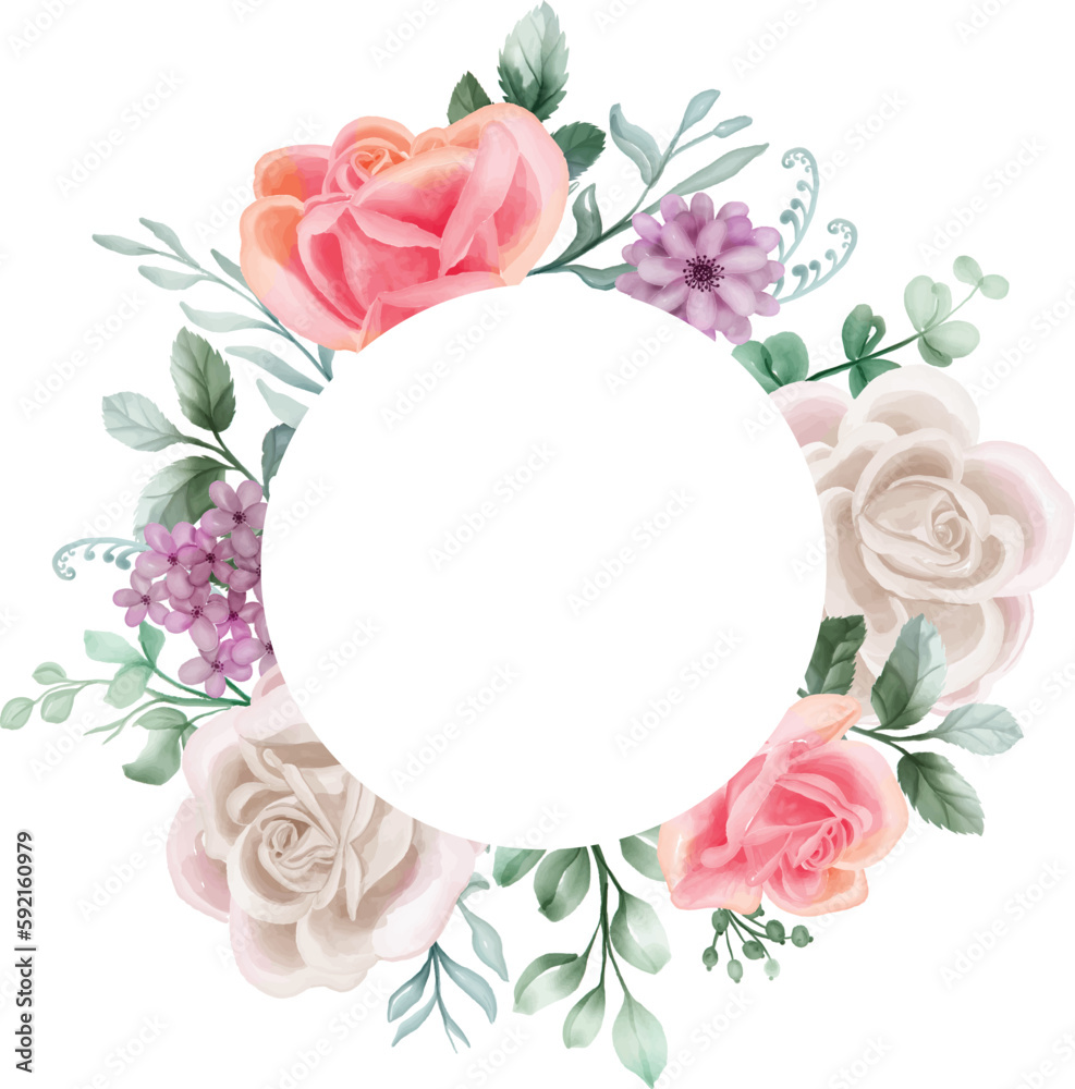 PrintRose white and pink Watercolor floral frame. Luxurious floral elements, botanical background or wallpaper design, prints and invitations, and postcards.