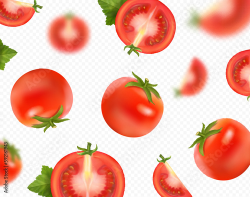 Falling tomato background. Red fresh tomatoes flying realistic vector illustration. Blurred effect