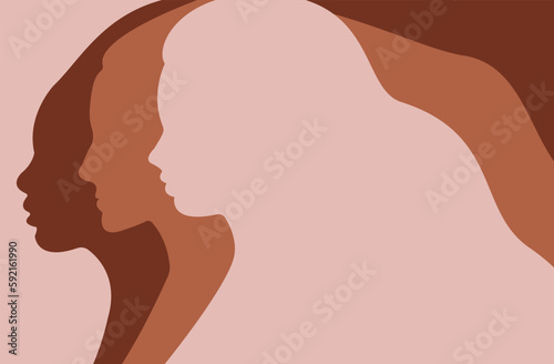 Silhouette of a woman with long hair. Flat vector illustration. World women s day postcard. Women s Solidarity