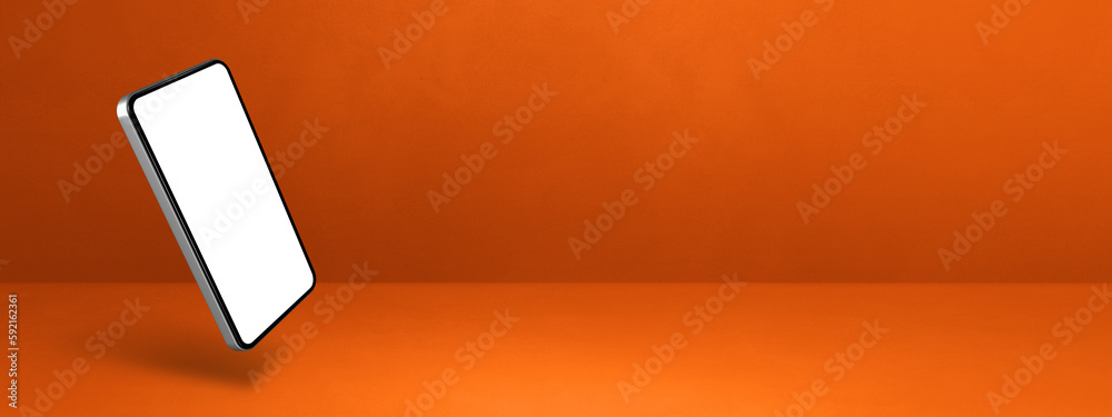 Floating smartphone isolated on orange. Horizontal banner background