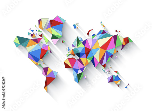 World map shape made of colorful polygons. 3D illustration on a white background