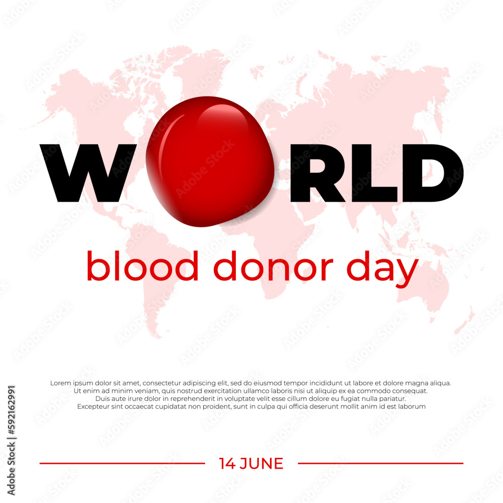 World blood donor day. Awareness poster with abstract drop of blood, map on background and place for text. Vector illustration