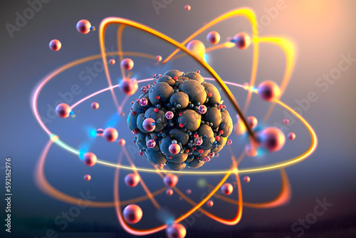 Enlarged model of an atom with a nucleus of protons, neutrons and electrons orbiting around. Generative AI