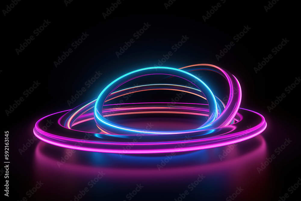3d rendering, rounded colors neon lines, glowing in the dark. Abstract minimalist geometric background. Ultraviolet spectrum. Cyber space. Futuristic wallpaper, AI generated