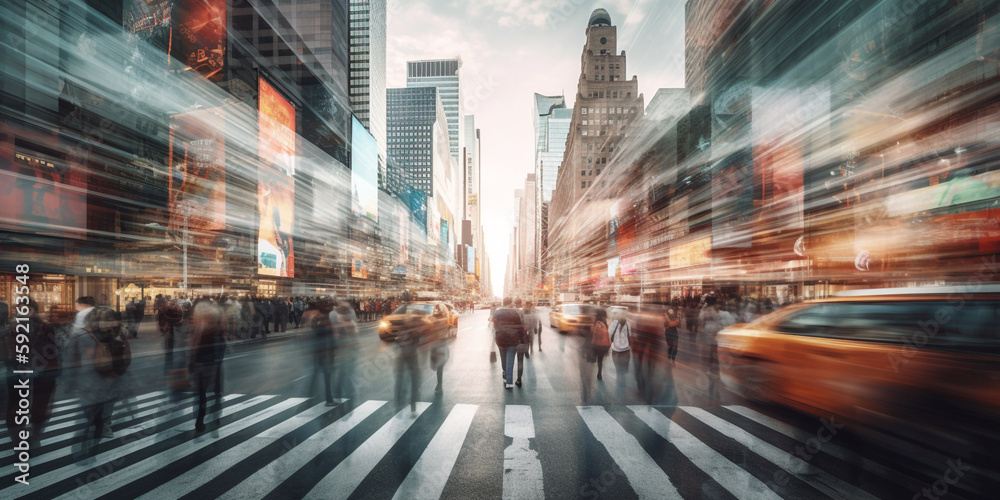 Naklejka premium Multiple exposure of fast paced city life. Generative AI