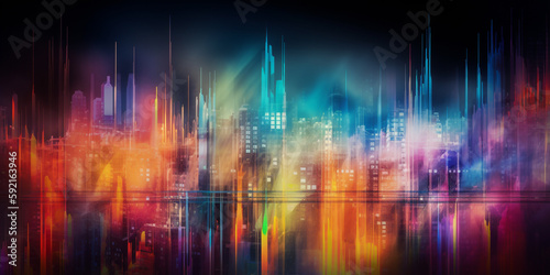 Abstract graphic background of bright colored and cascading city shapes. Generative AI