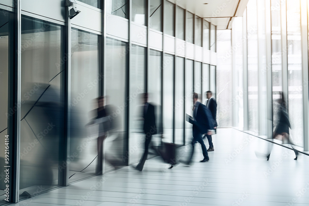 Multiple exposure rush of busy people against the backdrop of the interior of office buildings. Generative AI Multiple exposure rush of busy people against the backdrop of the interior of office buildings. Generative AI