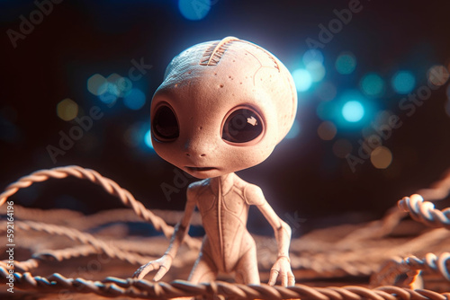 Cute little newborn alien with big eyes and a tiny body in a spaceship. Generative AI