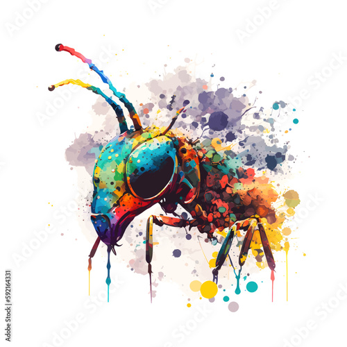 colorful ant muzzle illustration, watercolor, bold look