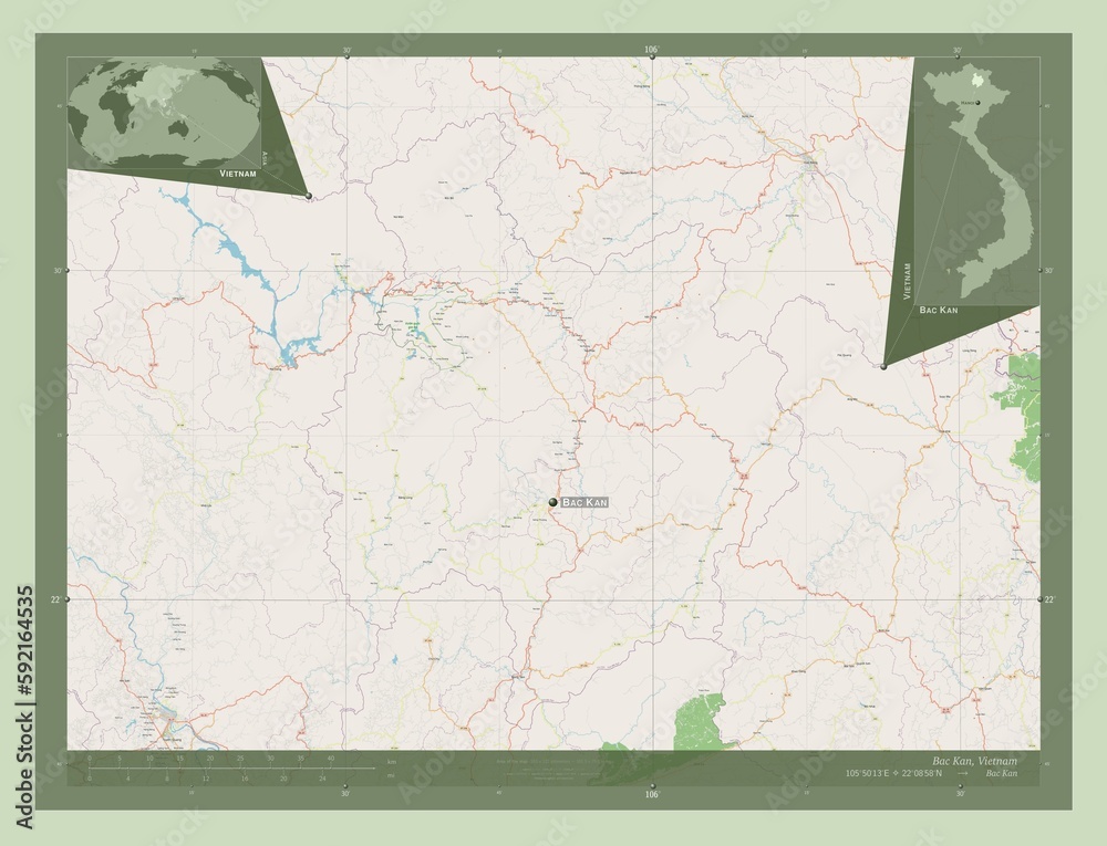 Fototapeta premium Bac Kan, Vietnam. OSM. Labelled points of cities