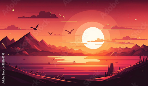 Sunny Evening  A Beautiful Sunset Scene with a Warm Color Palette and a Vibrant Sky. 3d rendering. Generative AI