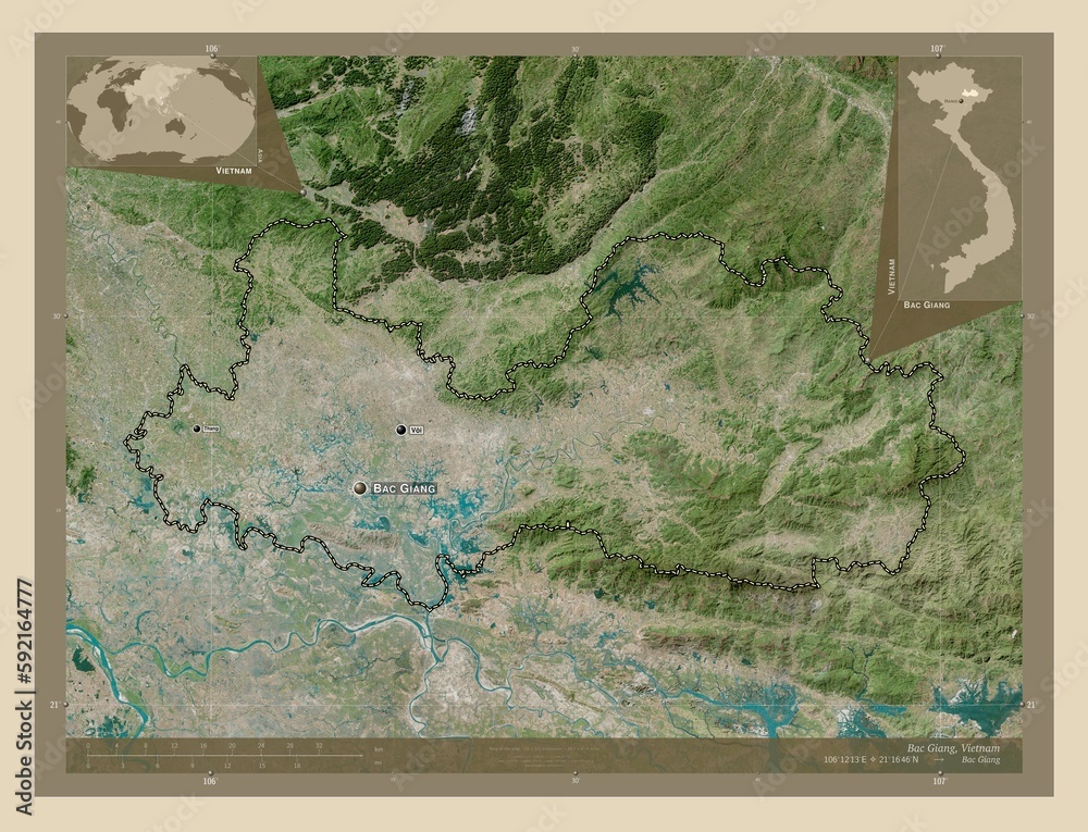 Fototapeta premium Bac Giang, Vietnam. High-res satellite. Labelled points of cities