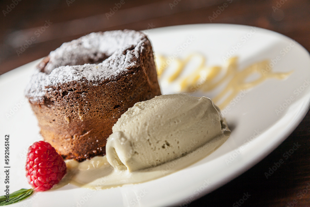 Chocolate volcano cake with artisanal ice cream
