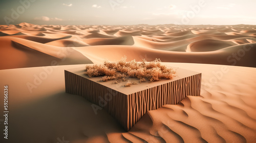 Desert landscape with pedestal showcase ,sand and sky.Use for product presentation and banner.Generative AI
