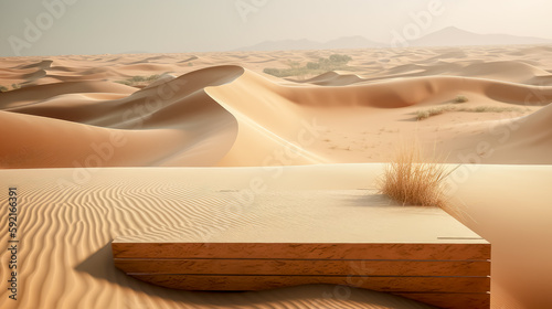 Desert landscape with pedestal showcase ,sand and sky.Use for product presentation and banner.Generative AI
