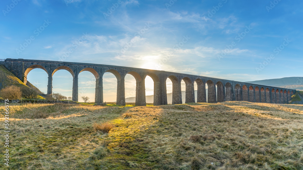 Yorkshire Dales National Park, England; April 10, 2023 - A view of the Ribblehead Viaduct in the Yorkshire Dales National Park, England.