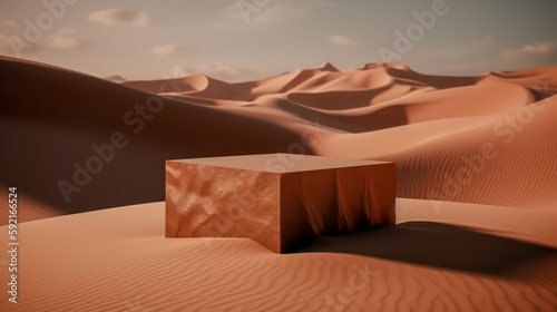 Desert landscape with pedestal showcase ,sand and sky.Use for product presentation and banner.Generative AI