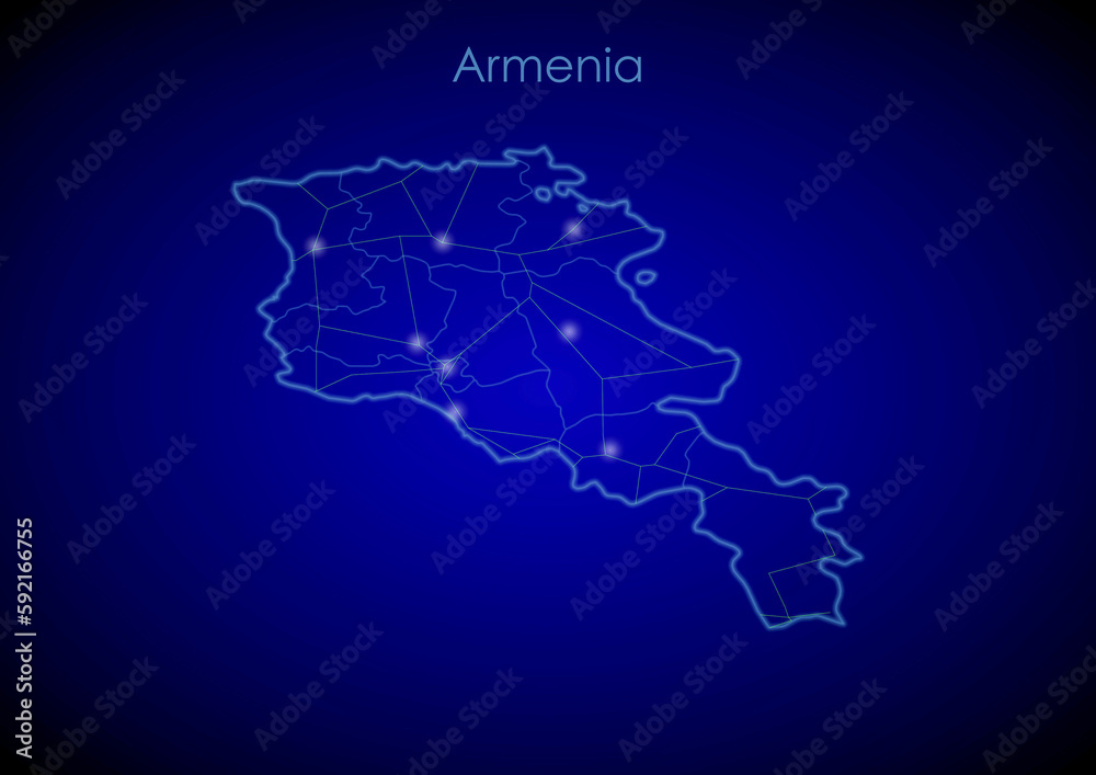 Armenia concept map with glowing cities and network covering the country, map of Armenia suitable for technology or innovation or internet concepts. Armenia concept map with glowing cities and network covering the country, map of Armenia suitable for technology or innovation or internet concepts.